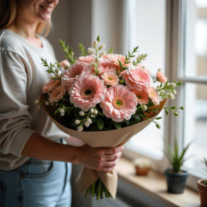 Gražiai sukomponuota gėlių puokštė pristatoma laimingam gavėjui Kaune.