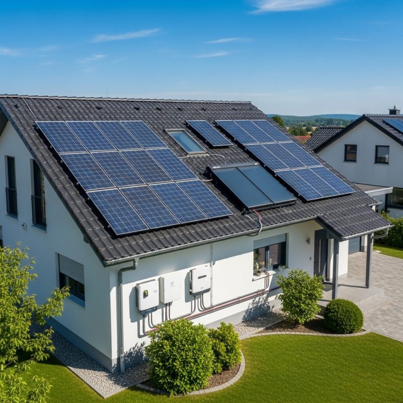 Saulės baterijos ant gyvenamojo namo stogo, generuojančios elektros energiją dienos metu