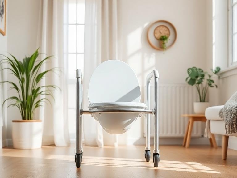 Patogi ir stabili tualeto kėdė neįgaliam asmeniui šviesiame kambaryje